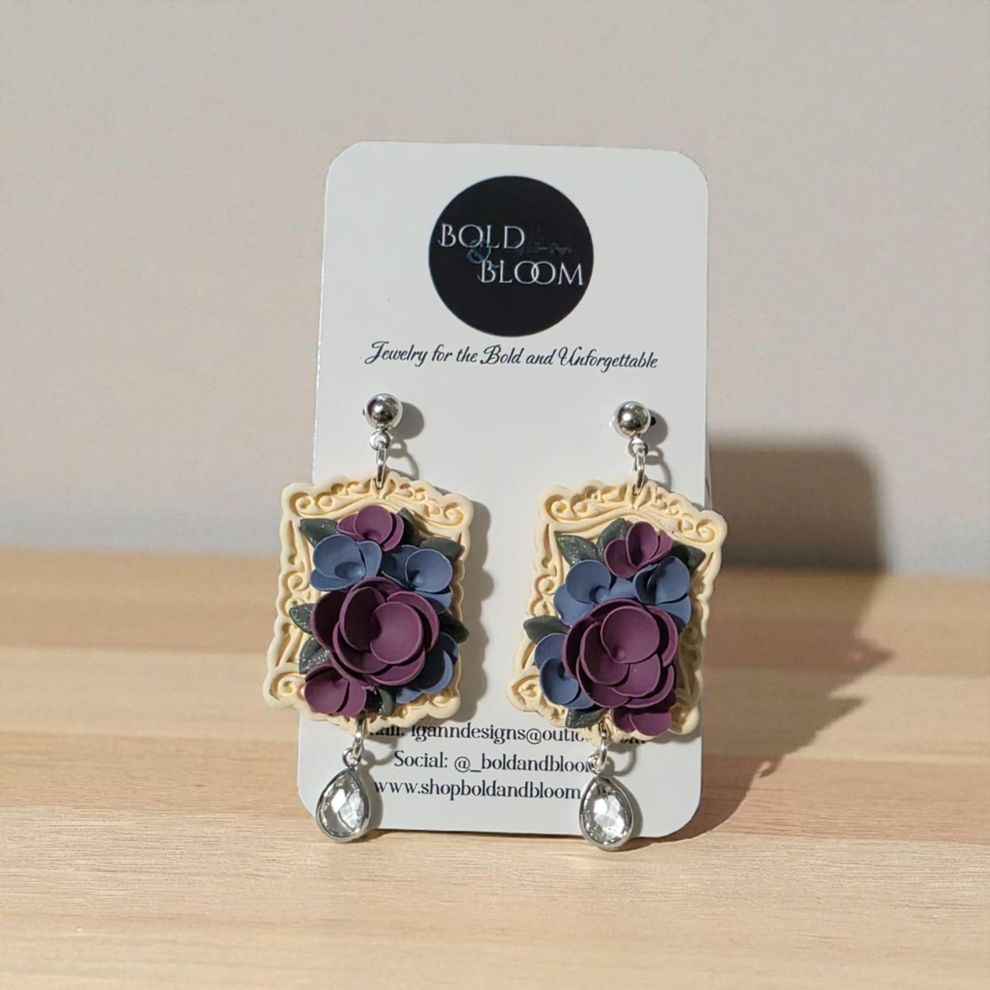 Victorian Frame Earrings with Purple and Blue Blossoms and a Crystal Drop – Romantic Statement Gift