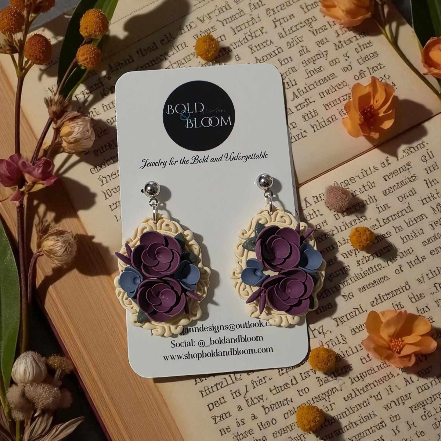 Victorian Floral Earrings Purple & Blue Blossoms – Romantic Vintage Statement Gift