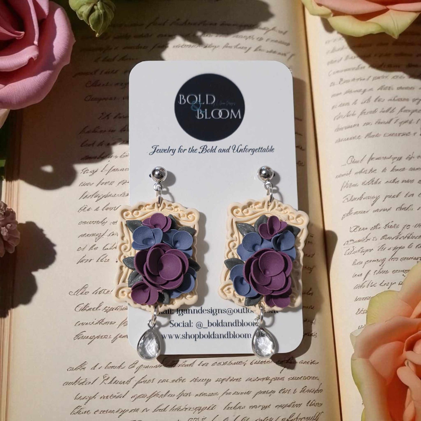 Victorian Frame Earrings with Purple and Blue Blossoms and a Crystal Drop – Romantic Statement Gift