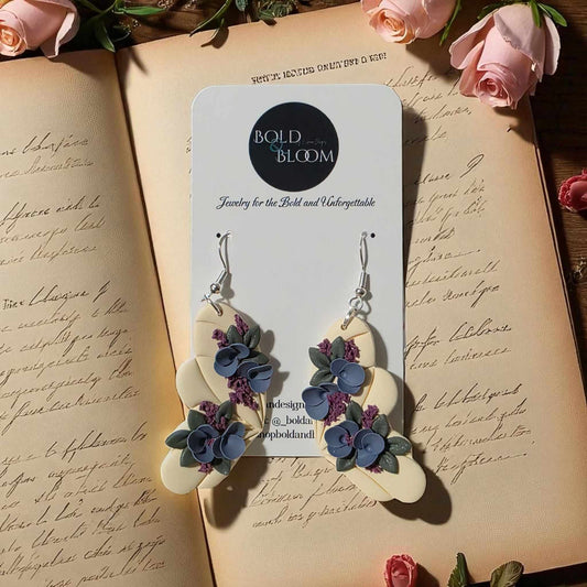 Cream Butterfly Earrings with Blue & Purple Florals