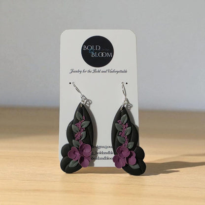 Black Butterfly Statement Earrings with Purple Blooms
