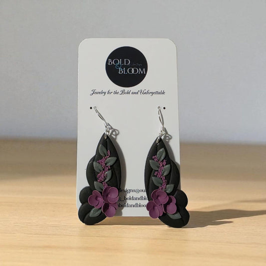 Black Butterfly Statement Earrings with Purple Blooms
