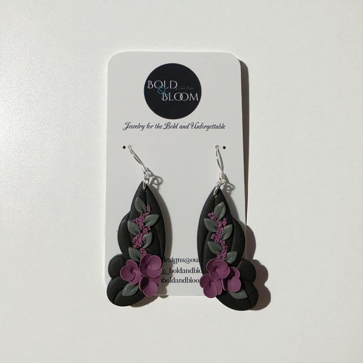 Black Butterfly Statement Earrings with Purple Blooms