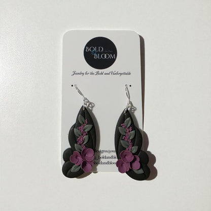 Black Butterfly Statement Earrings with Purple Blooms
