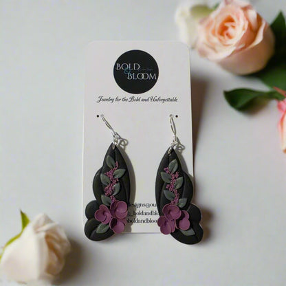 Black Butterfly Statement Earrings with Purple Blooms