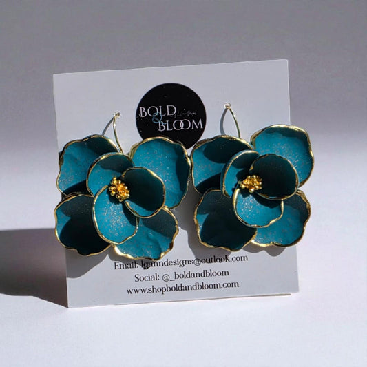 Boldly Blooms Statement Earrings - Teal
