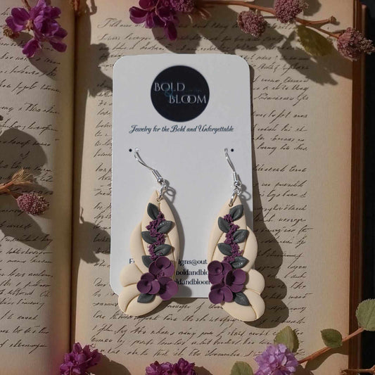 Cream Butterfly Earrings – Handcrafted Polymer Clay Jewelry with Lilac Florals