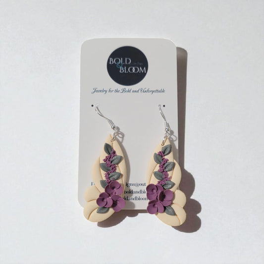 Cream Butterfly Earrings – Handcrafted Polymer Clay Jewelry with Lilac Florals