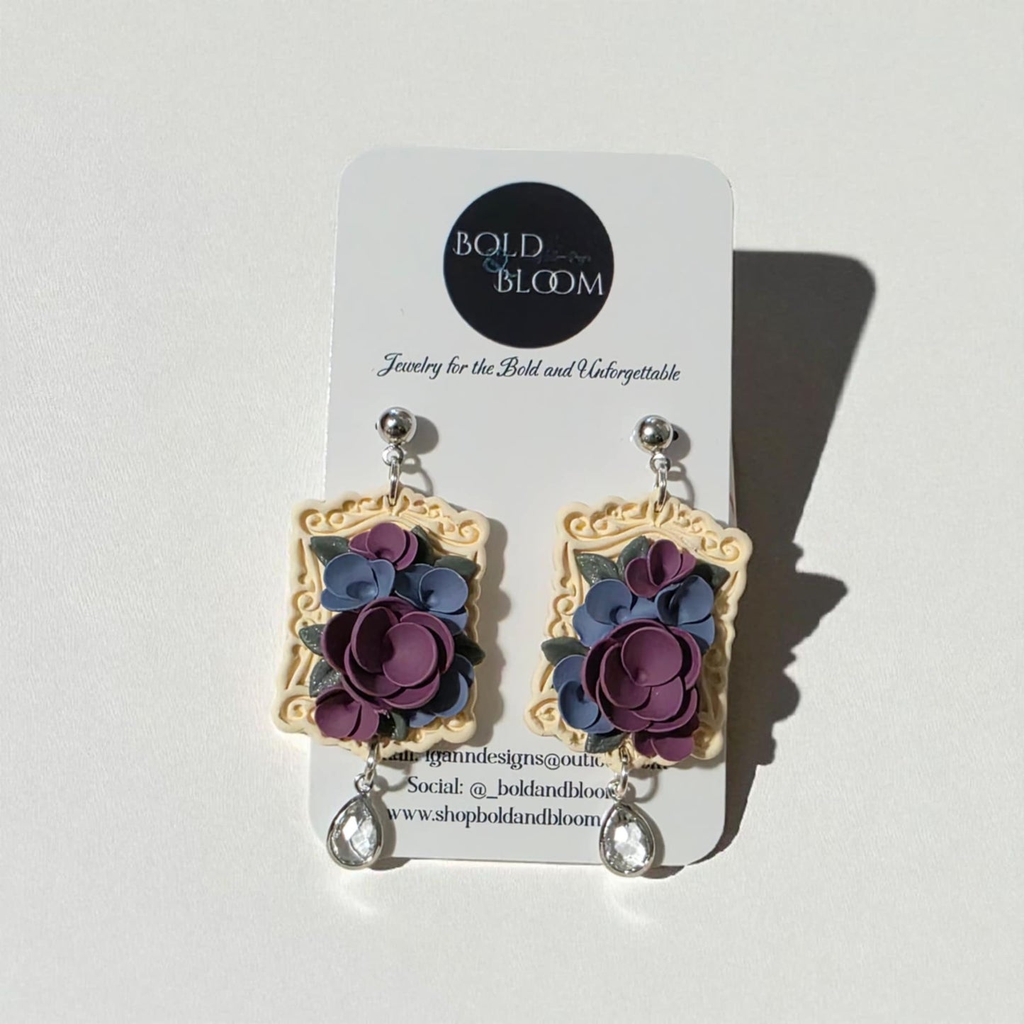 Victorian Frame Earrings with Purple and Blue Blossoms and a Crystal Drop – Romantic Statement Gift