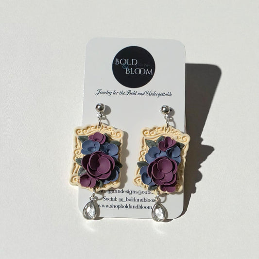 Victorian Frame Earrings with Purple and Blue Blossoms and a Crystal Drop – Romantic Statement Gift