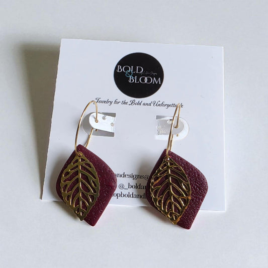 Leaf drop hoop earrings