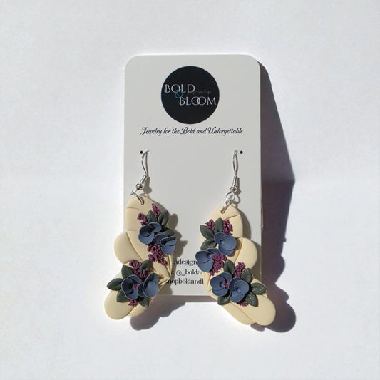 Cream Butterfly Earrings with Blue & Purple Florals